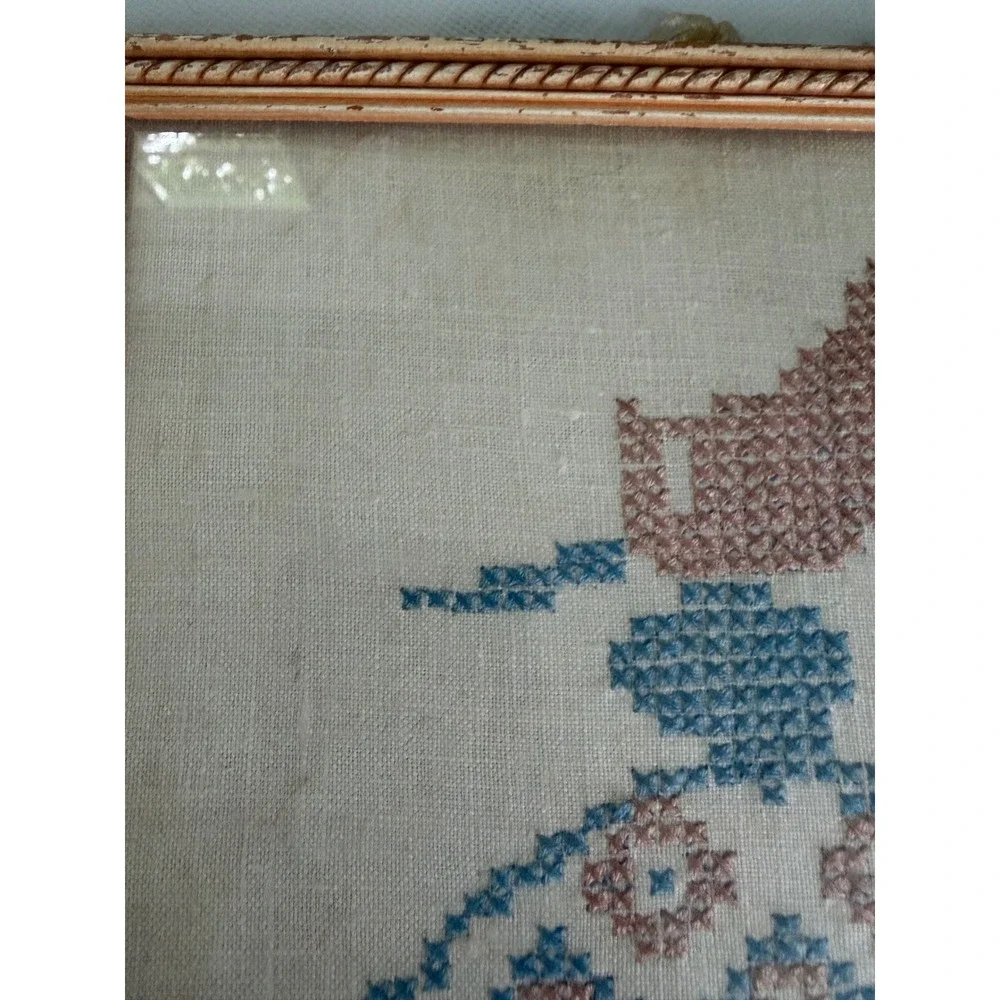 Vintage Sunbonnet Sue Cross Stitch Framed Set of 2 Folk Art Wall Decor